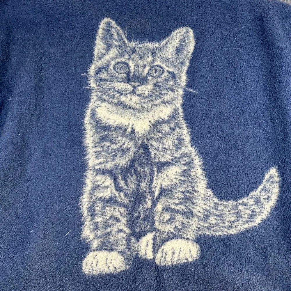 VTG Biederlack‎ Cat Fleece Blanket Throw Blue Cream Reversible Kitten 46x56